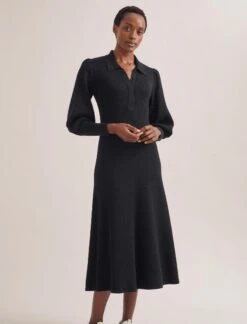 Eva Merino Wool Collared Knit Maxi Dress - Black -CEFINN Shop WI23 D574 EVA BLACK LS 1973