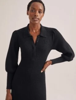 Eva Merino Wool Collared Knit Maxi Dress - Black -CEFINN Shop WI23 D574 EVA BLACK LS 1978