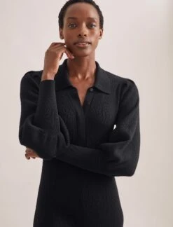 Eva Merino Wool Collared Knit Maxi Dress - Black -CEFINN Shop WI23 D574 EVA BLACK LS 1980