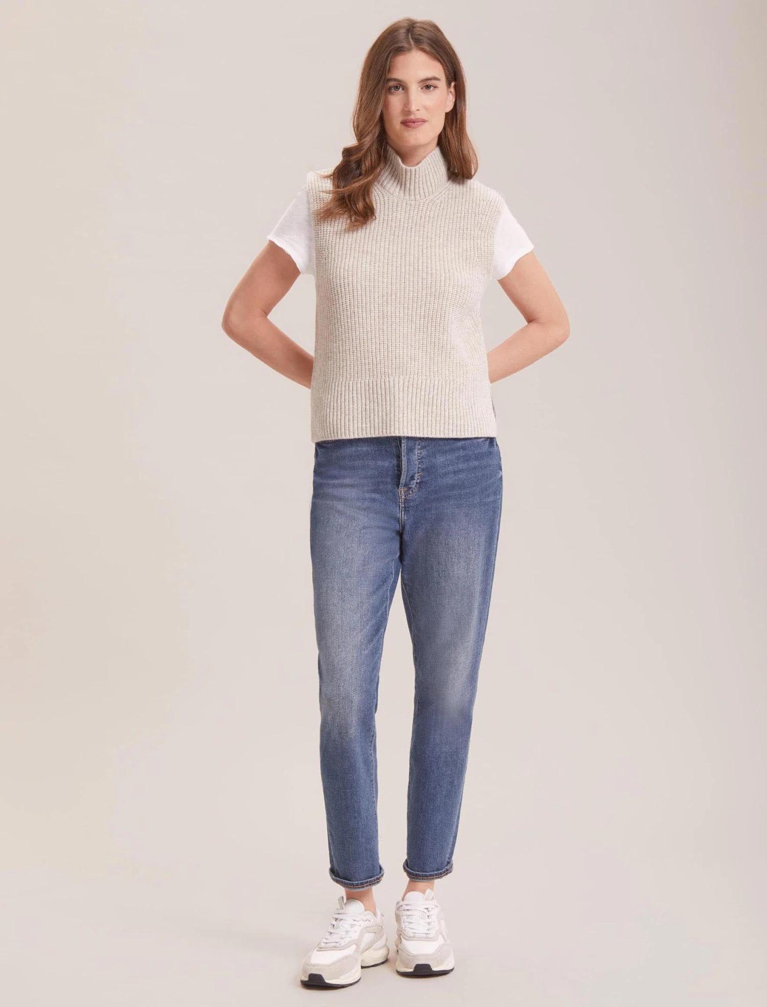 Janie Cashmere Blend Funnel Neck Sleeveless Jumper - Oatmeal 2 Janie Cashmere Blend Funnel Neck Sleeveless Jumper - Oatmeal - Image 2