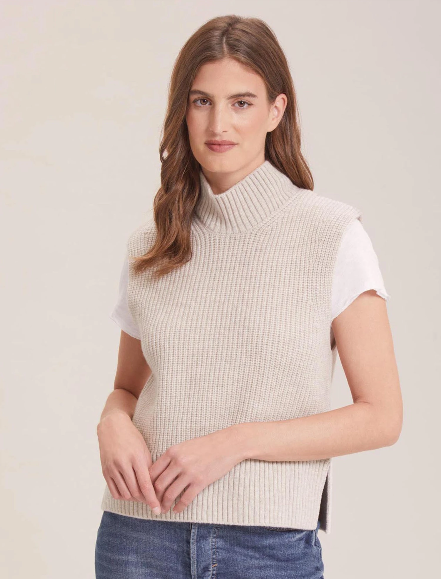 Janie Cashmere Blend Funnel Neck Sleeveless Jumper - Oatmeal 1 Janie Cashmere Blend Funnel Neck Sleeveless Jumper - Oatmeal